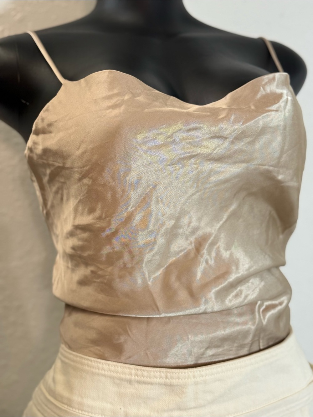 Zara Satin Cowl Neck Spaghetti Strap Top - Champagne Beige